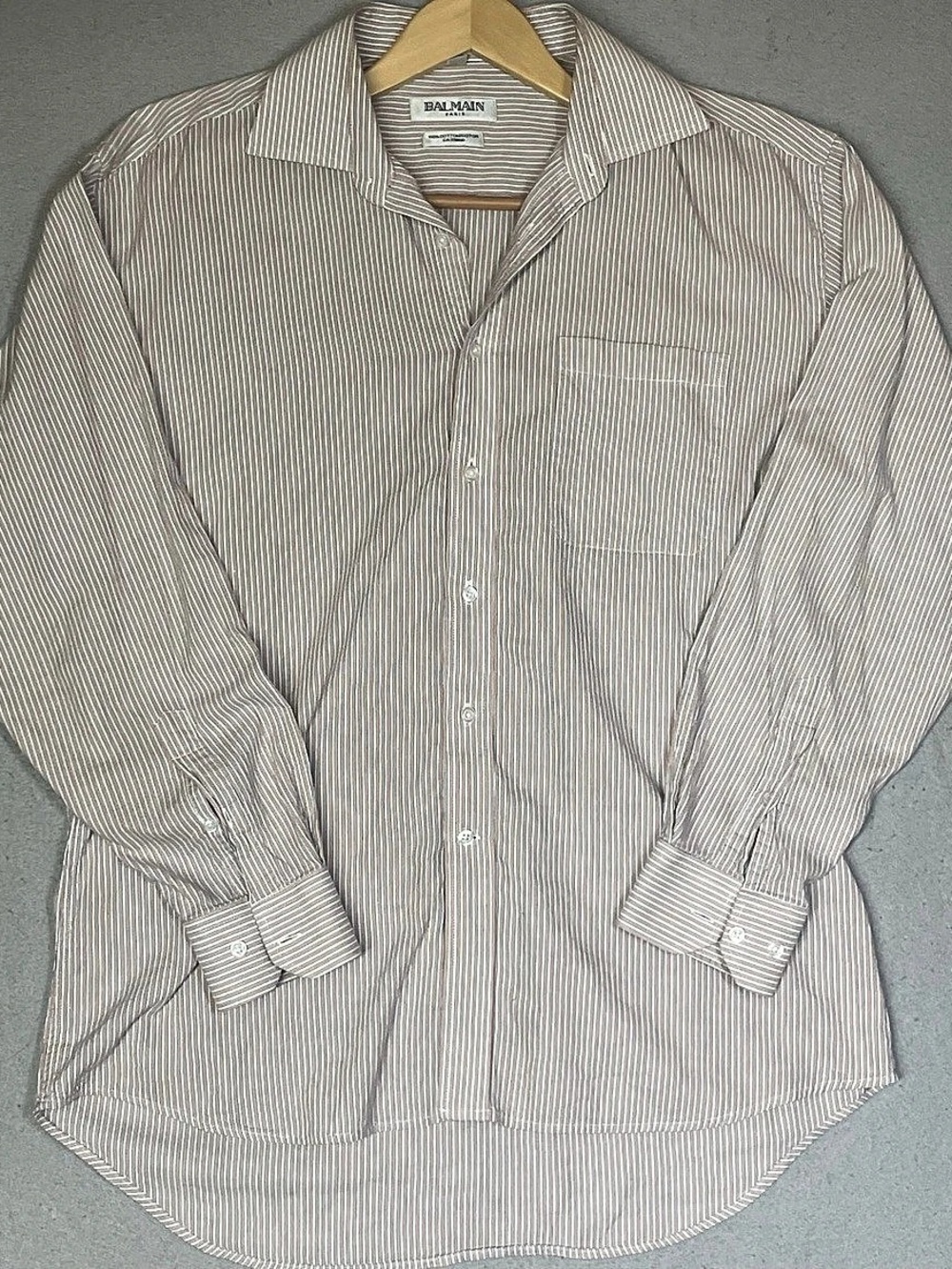 Balmain Striped Cotton Button Down in Gray & White Large Like New